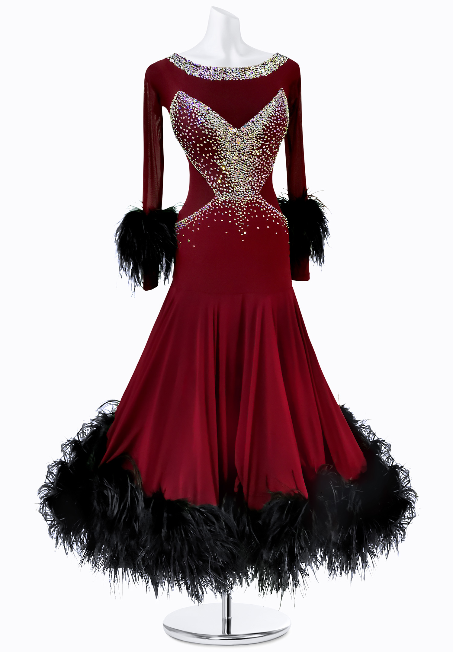 Bordeaux Feather Ballroom Gown AM-B3123
