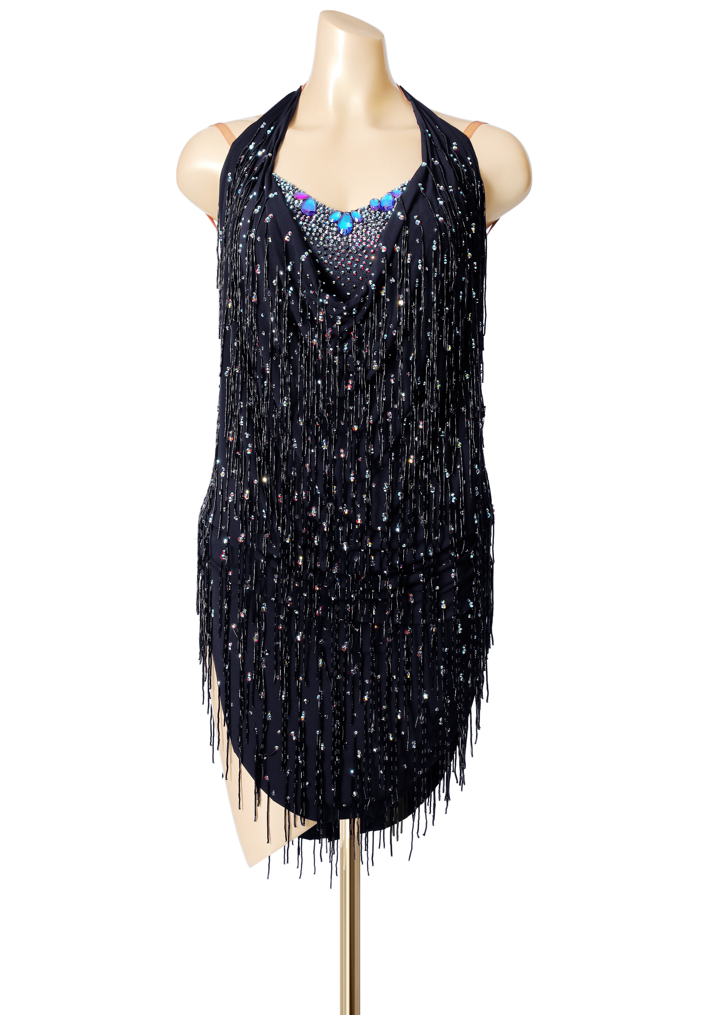 Draped Neck Beaded Latin Fringe Gown PC-WL19028