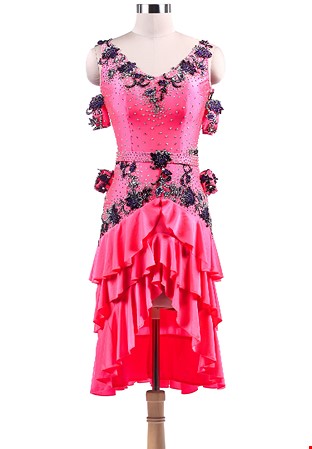 Dreamy Floral Applique Triple Layer Ruffle Latin Rhythm Dress L5235