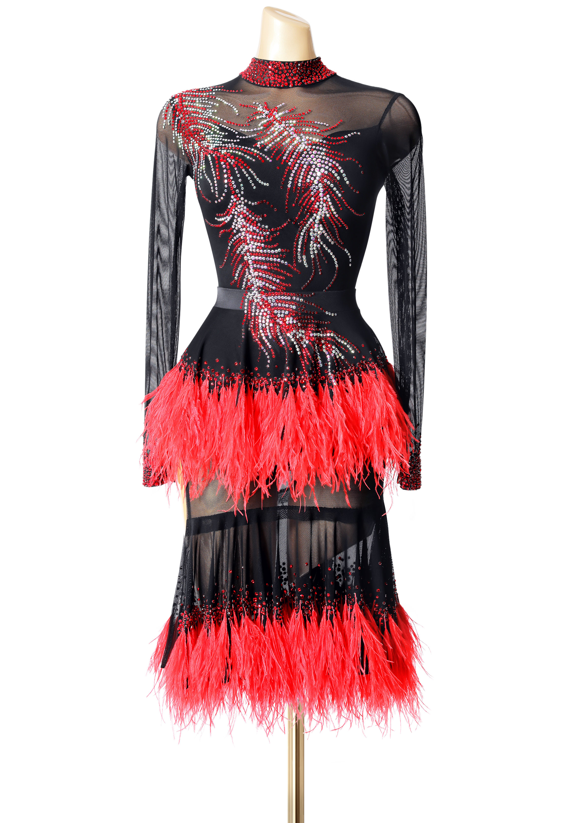 Feather Peplum Sheer Latin Dance Gown PC-WL19021