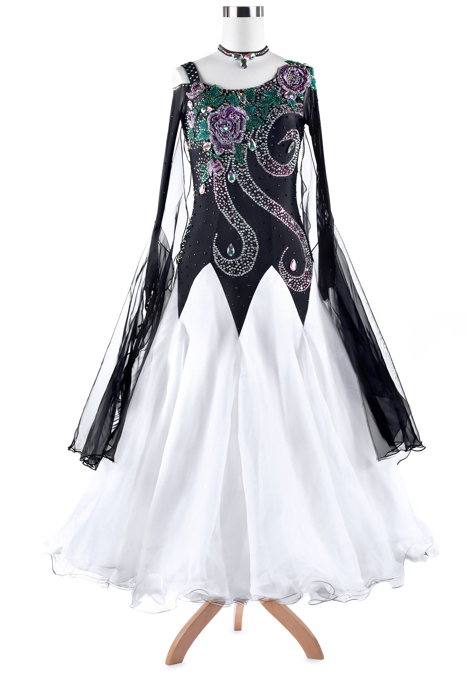 Floral Embroidery Phoenix Tail Colorblock Ballroom Competition Dress VN-A5273