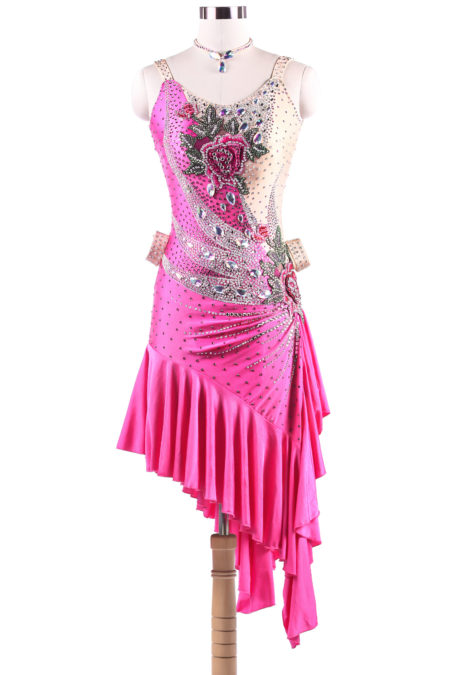 Rose Peahen Asymmetrical Ruffle Latin Competition Dress VN-L5233