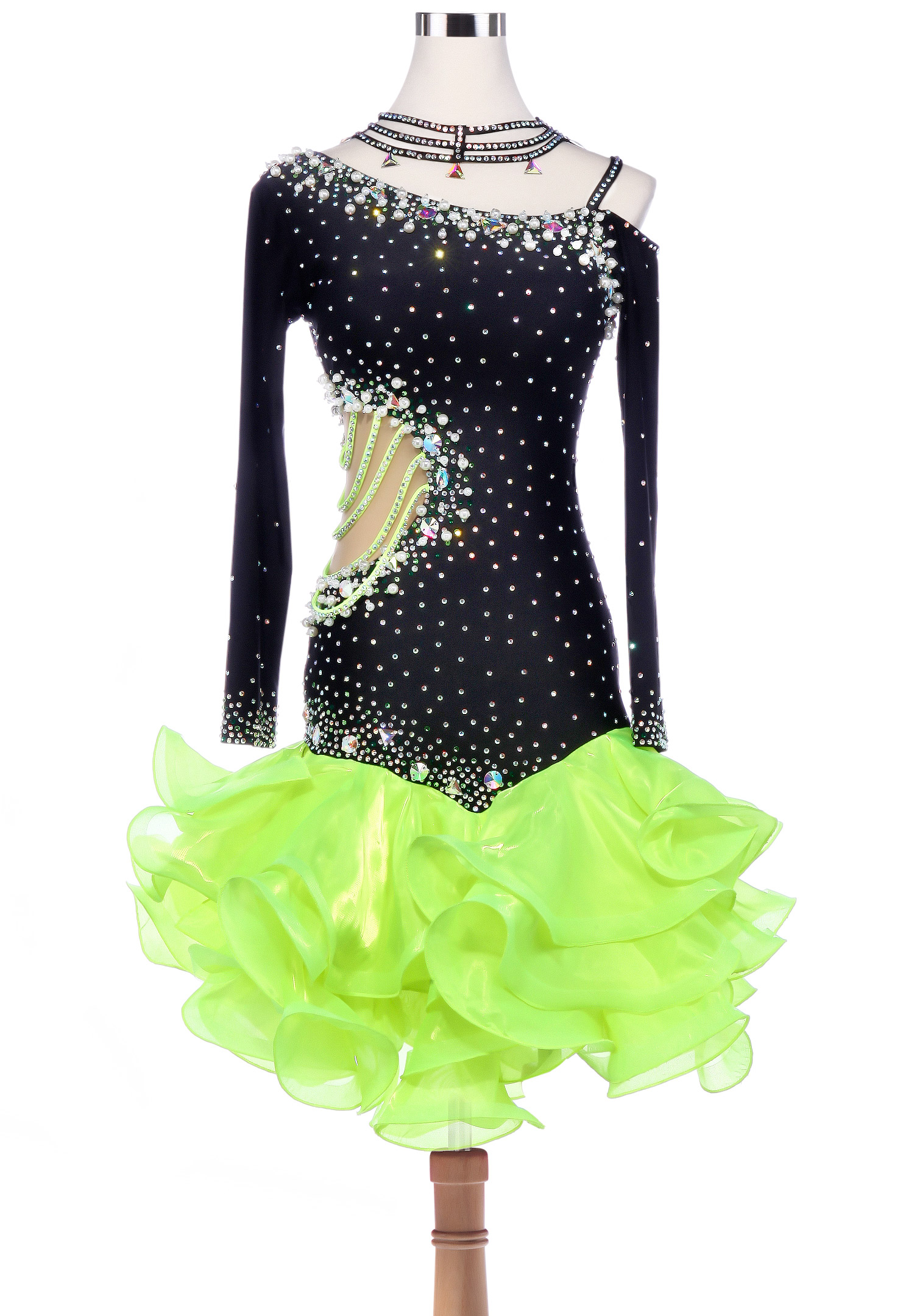 Side Cutout Crystal Strip Inserts Pearly Latin Competition Dress VN-L5222