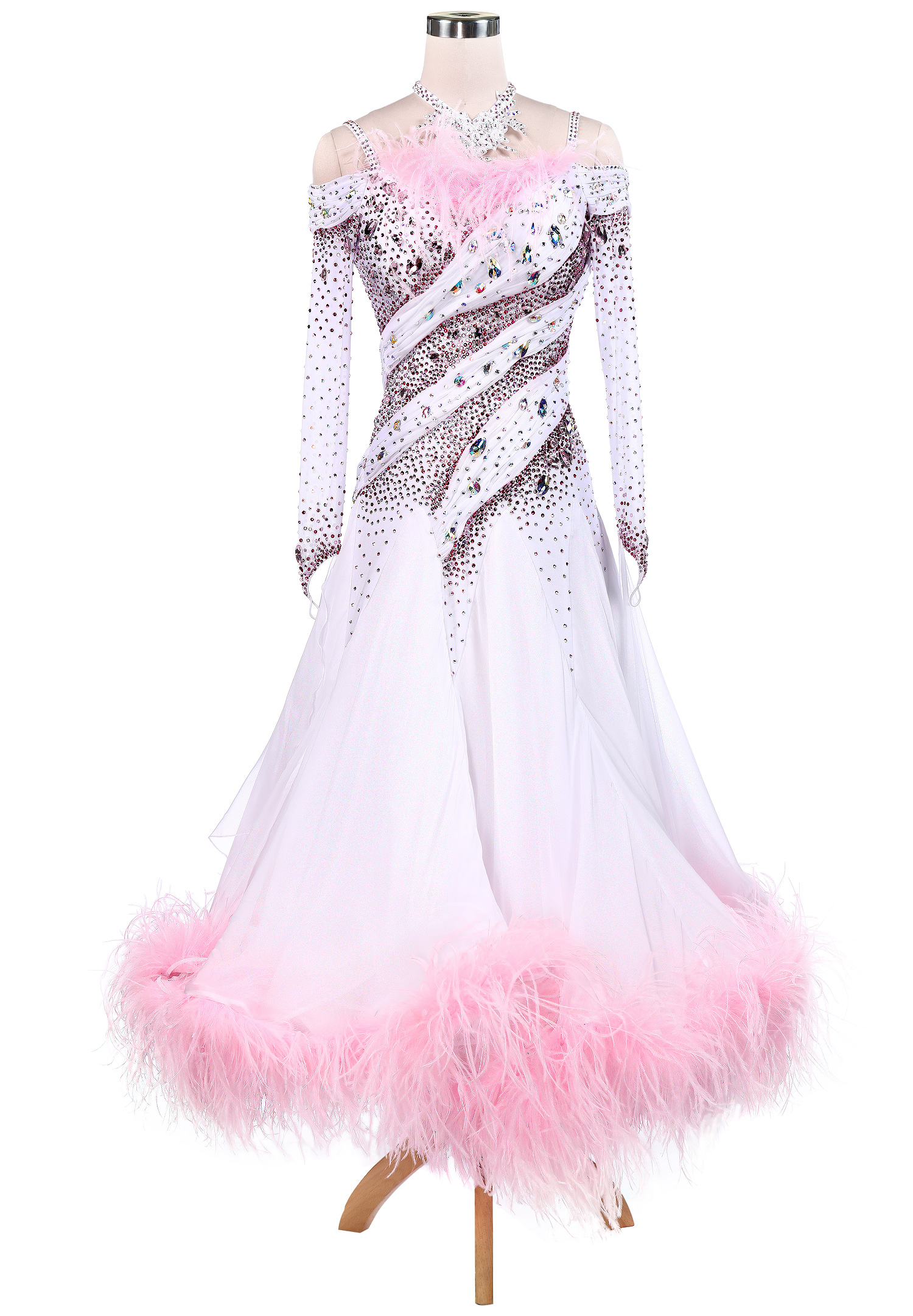 Superb Diagonal Sparkle Feather Ballroom Competition Dance Dress VN-A5232