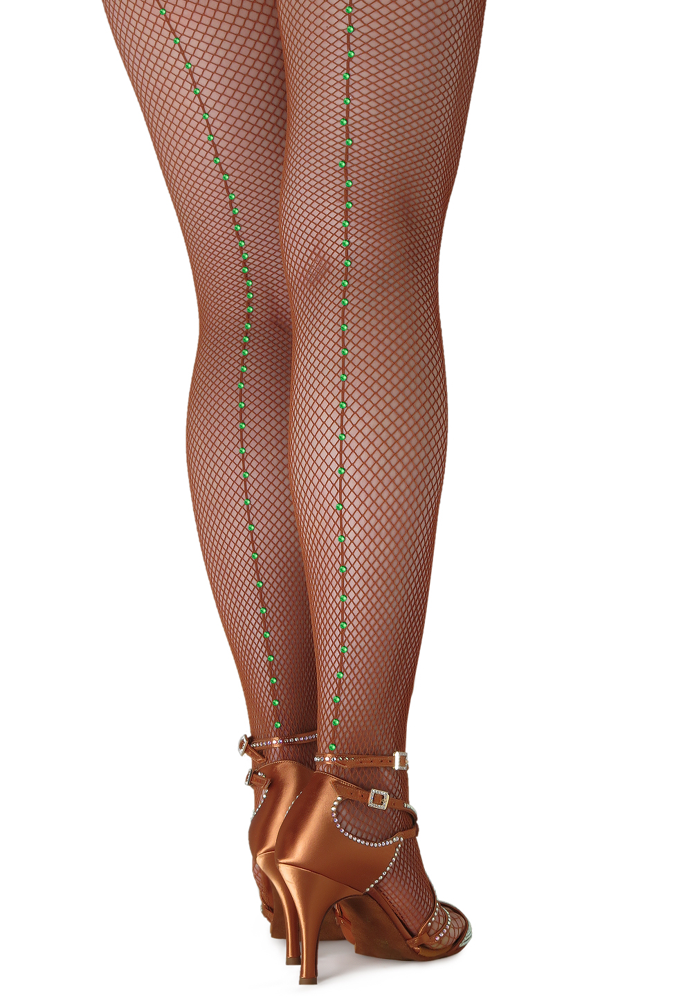 Tan fishnet shop tights with rhinestones