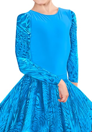 Dance America JR-B2 V - Girls Dance Bodysuit With Burnout Velvet Sleeves-Blue