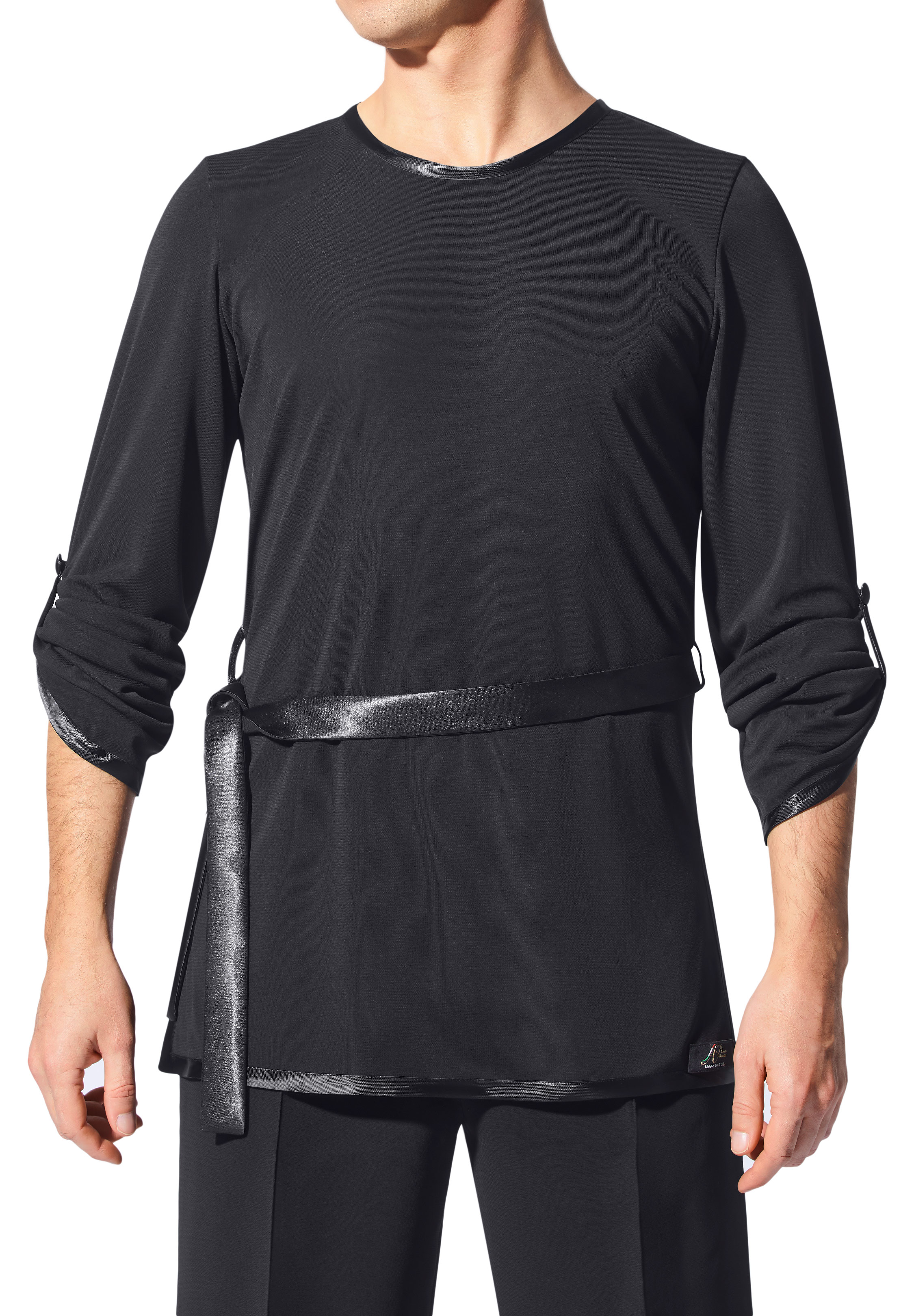 Armando Mens Satin Trim Dance Top w/ Belt 00210-Black