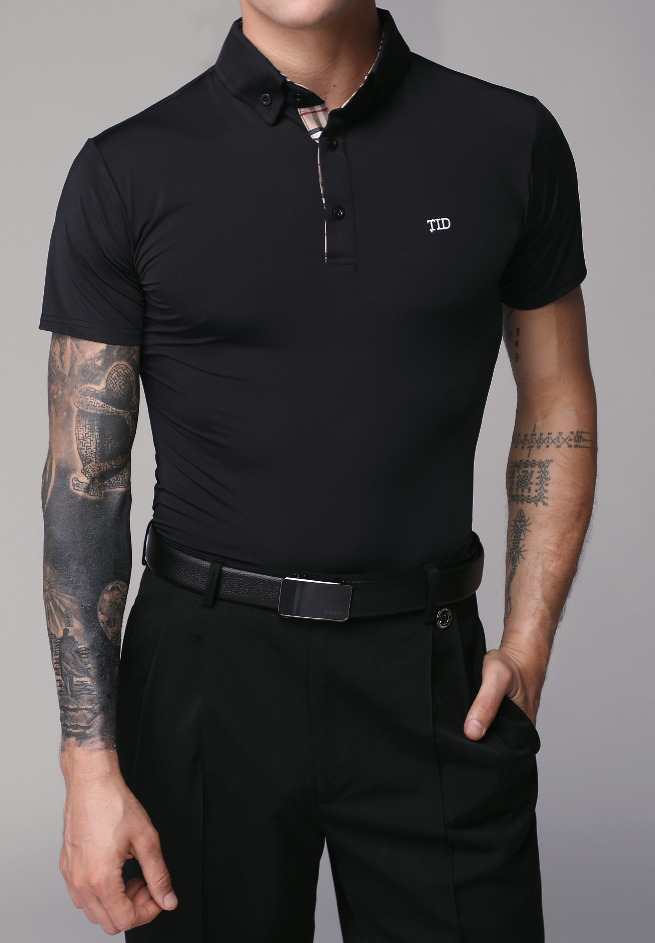 TID Mens Polo with Plaid Collar Top A002H-Black w/ Plaid Collar
