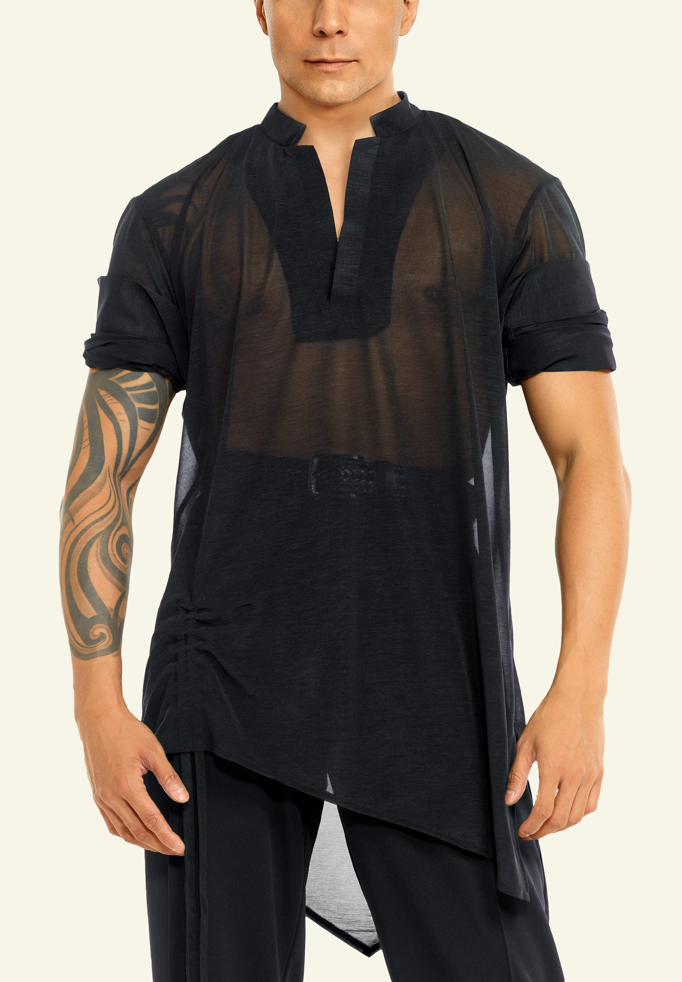 TDANCE Asymmetric Sheer Split Shirt BS-0017-Black