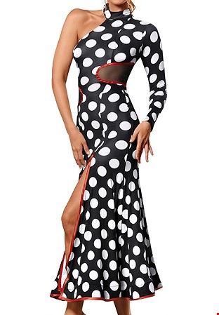 Dance America D2451 - Long Cutout Smooth Dress with Mesh Insets-Black with White Polka Dot