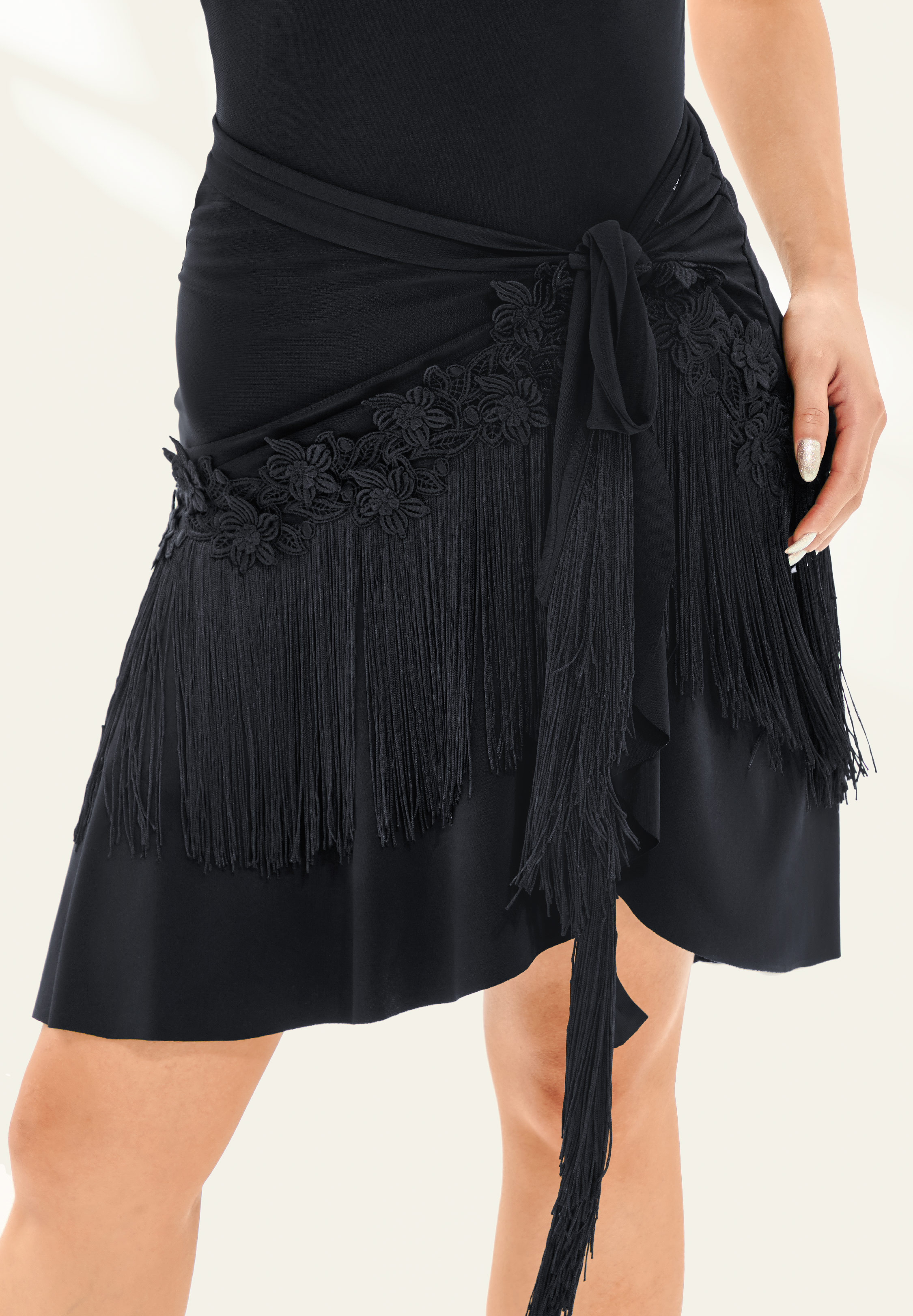 TDANCE Floral Tie Fringe Skirt TD-0018-Black