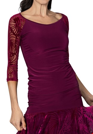 Dance America T2421 - T-Shirt Top w/ Velvet Sleeves-Wine