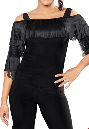 Dance America T2440 - Cold Shoulder Fringe Top-Black