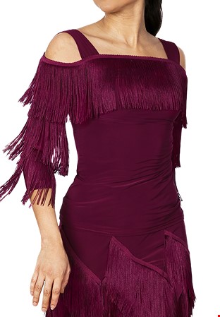 Dance America T2440 - Cold Shoulder Fringe Top-Wine