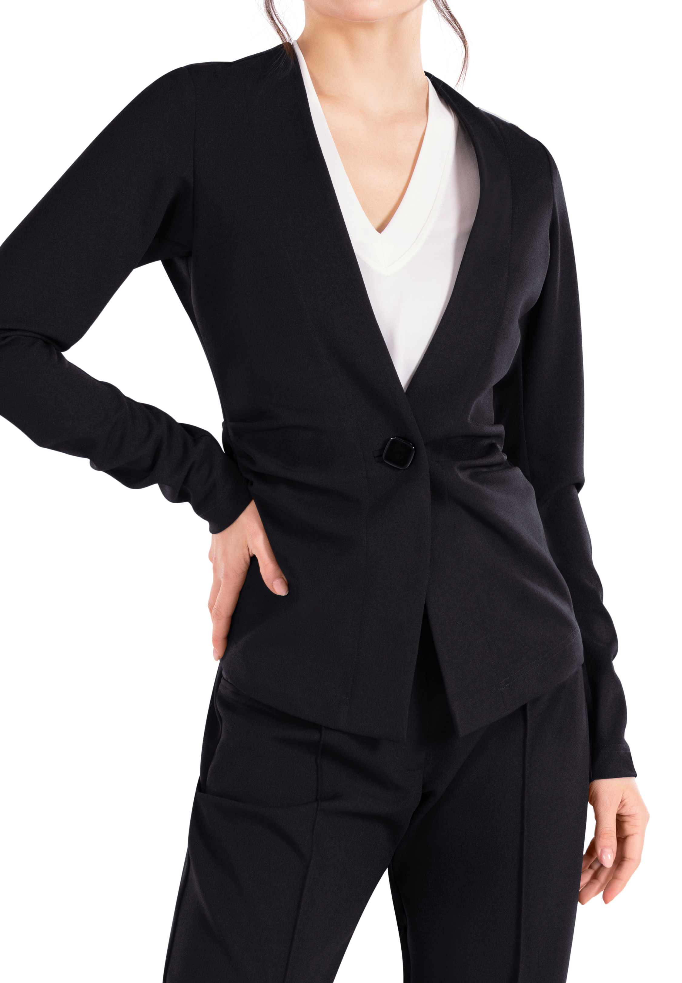 Ladies black collarless on sale jacket