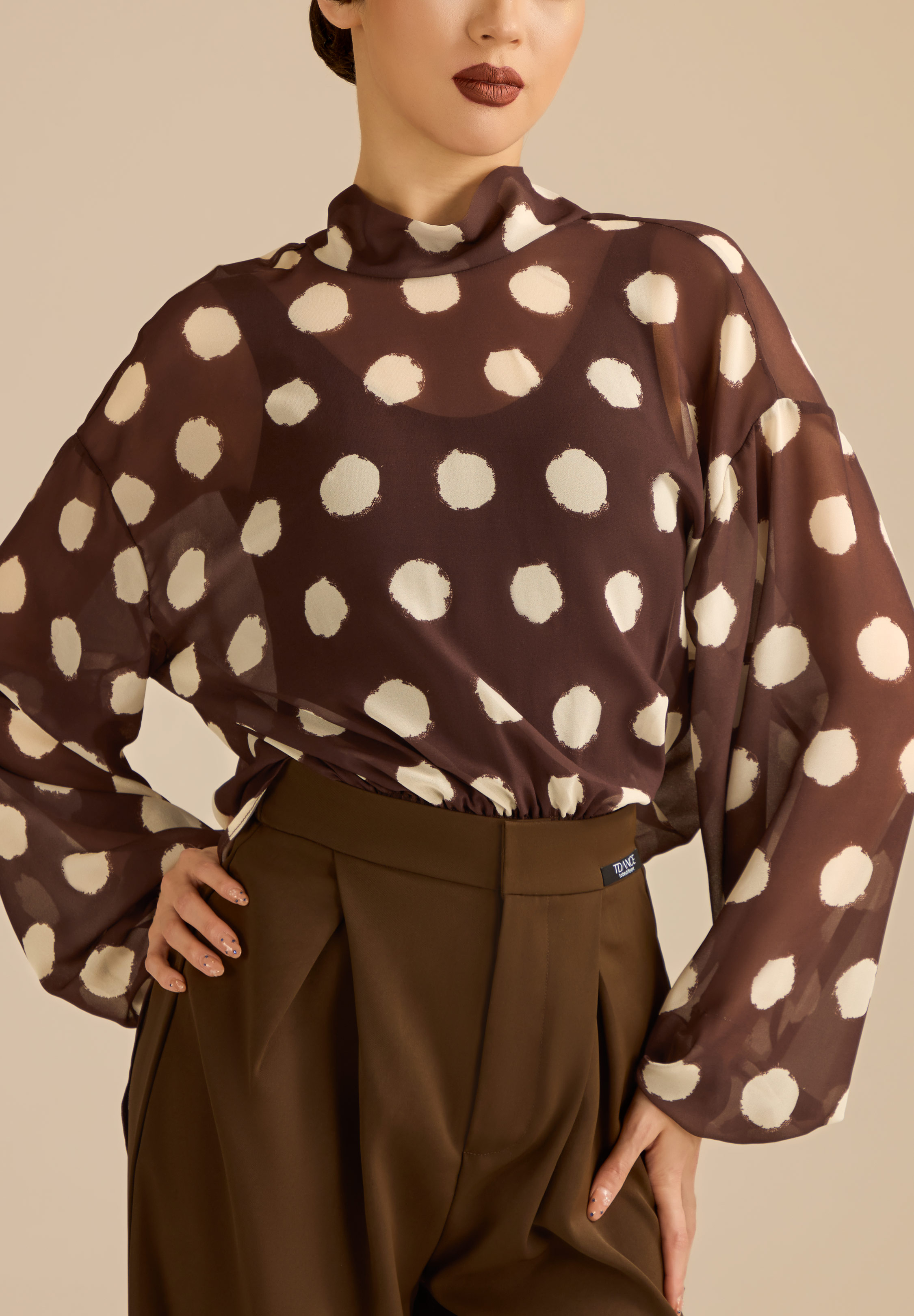 TDANCE Sheer Drift Ballroom Top JM-0310-Brown/Dots