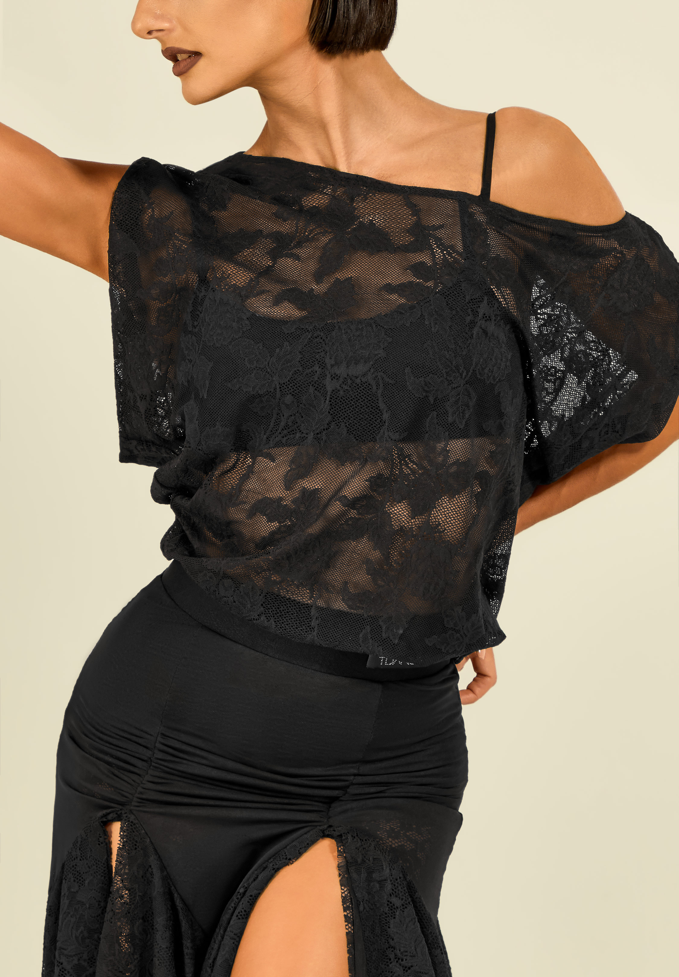 TDANCE Draped Flow Shoulder Top GL-0299-Black Lace