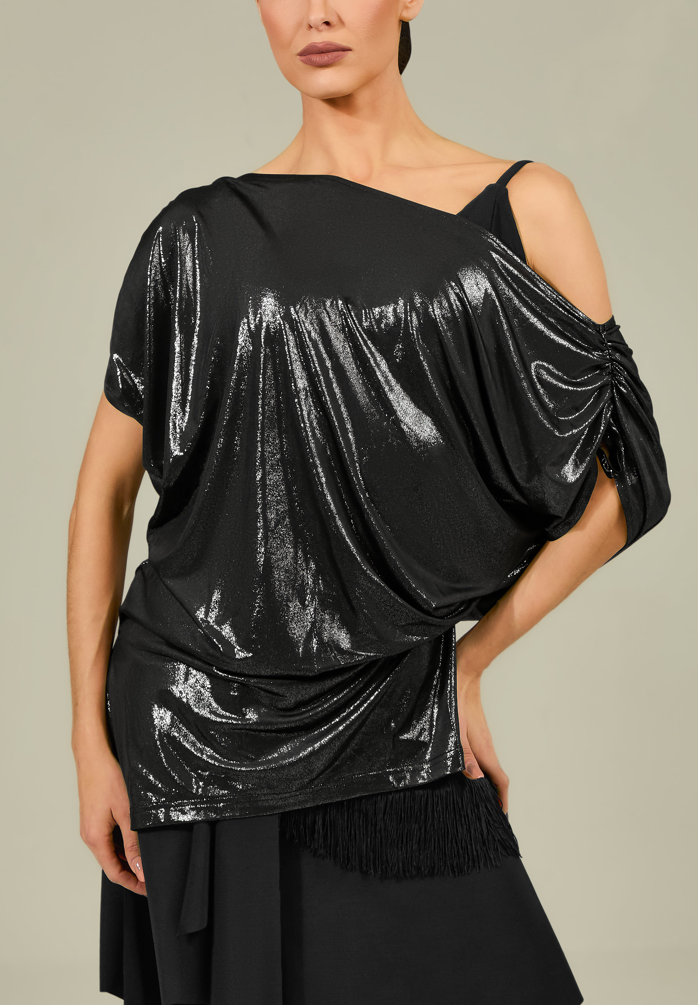 TDANCE Draped Off Shoulder Top GL-0258-Gold Foil Black
