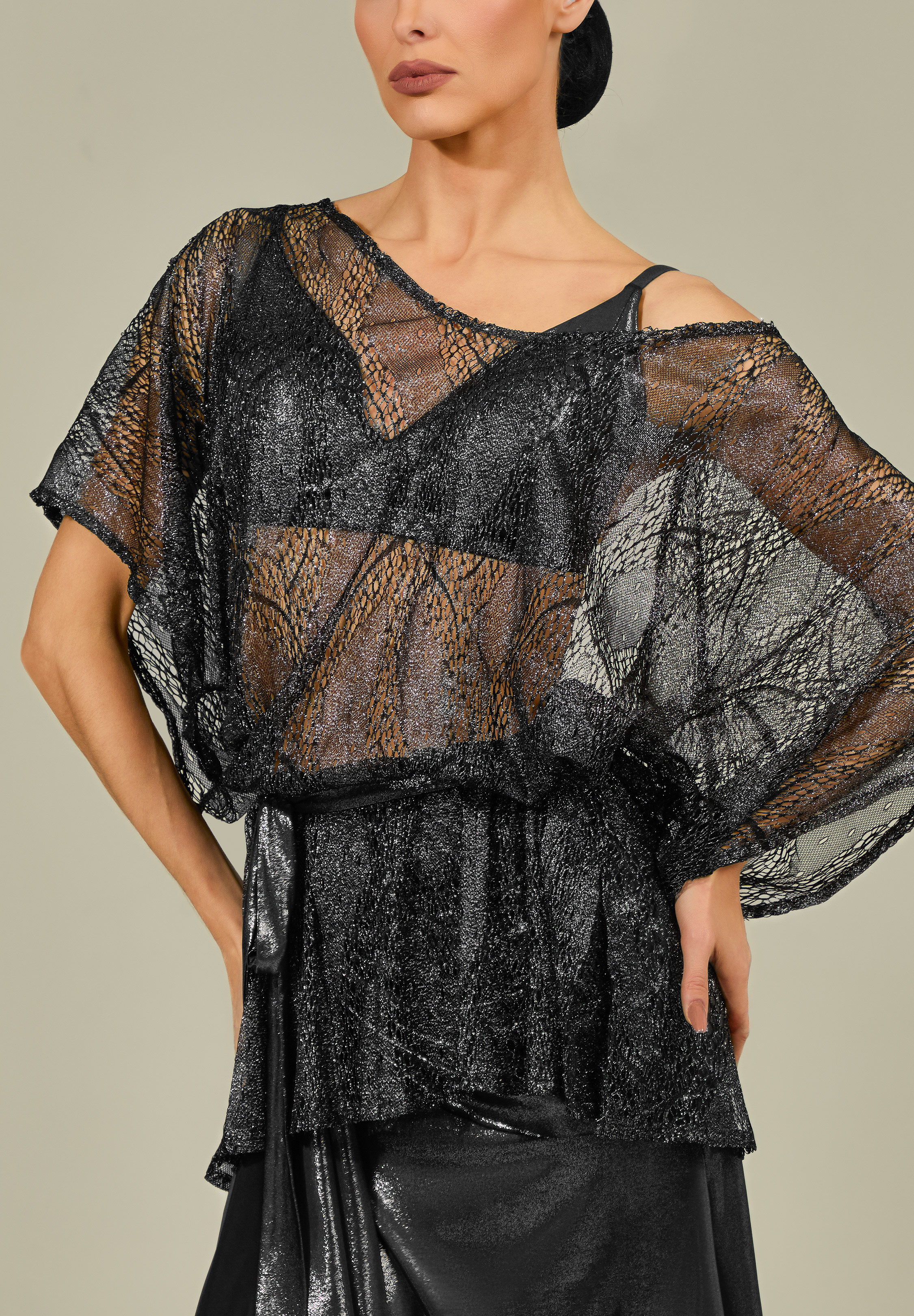 TDANCE Sheer Tie Waist Overlay Top GL-0260-Black