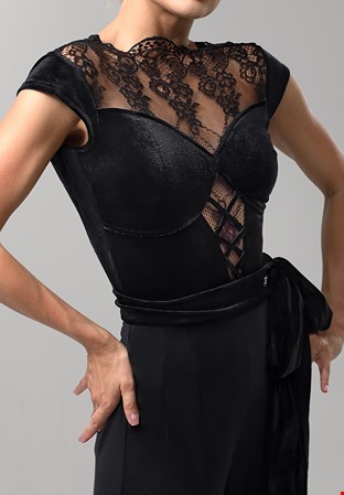 TID Lace Yoke Ballroom Dance Top M395-Black