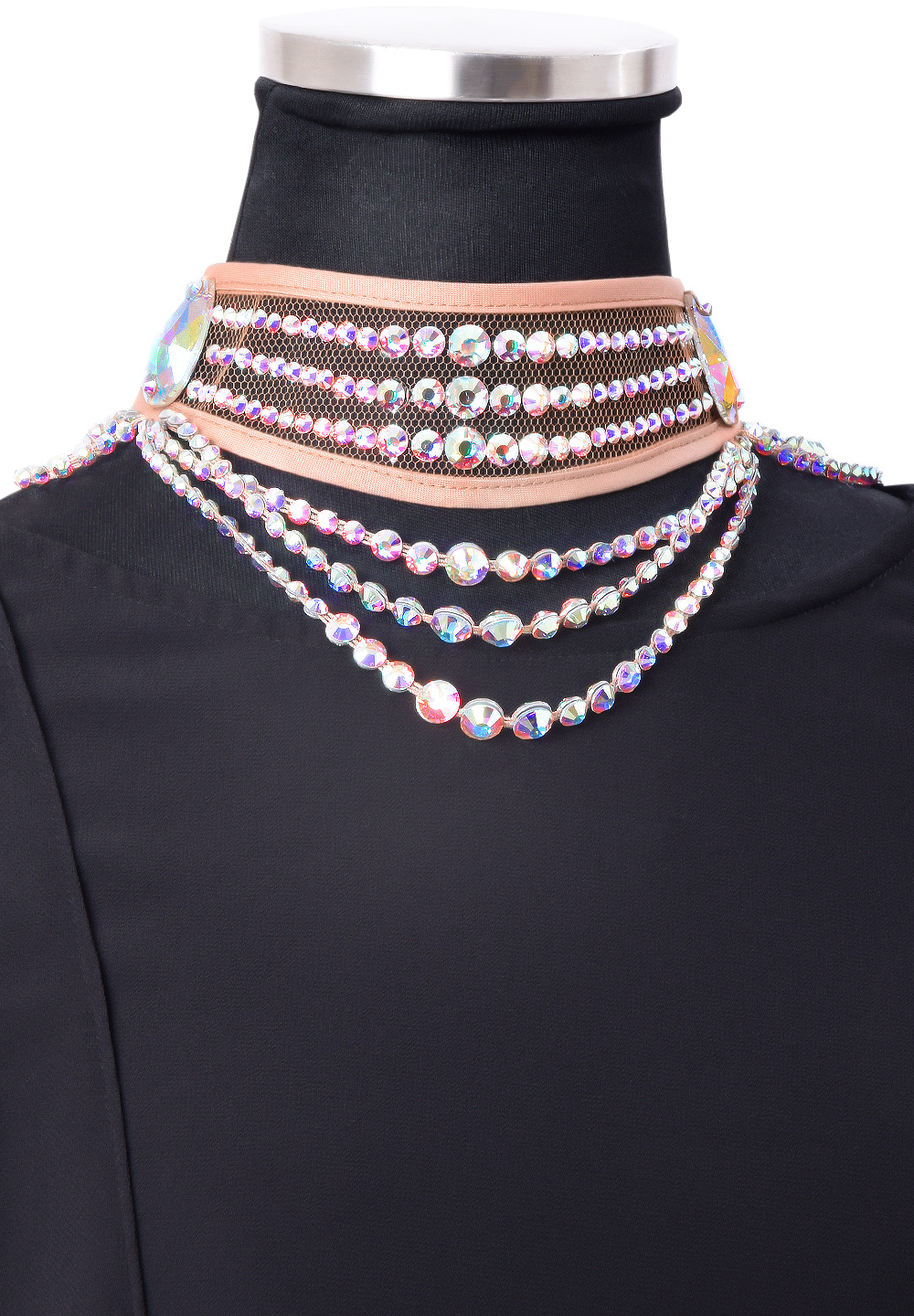 Taka Triple Layered Mesh Dance Choker CH-021-Nude / Crystal AB