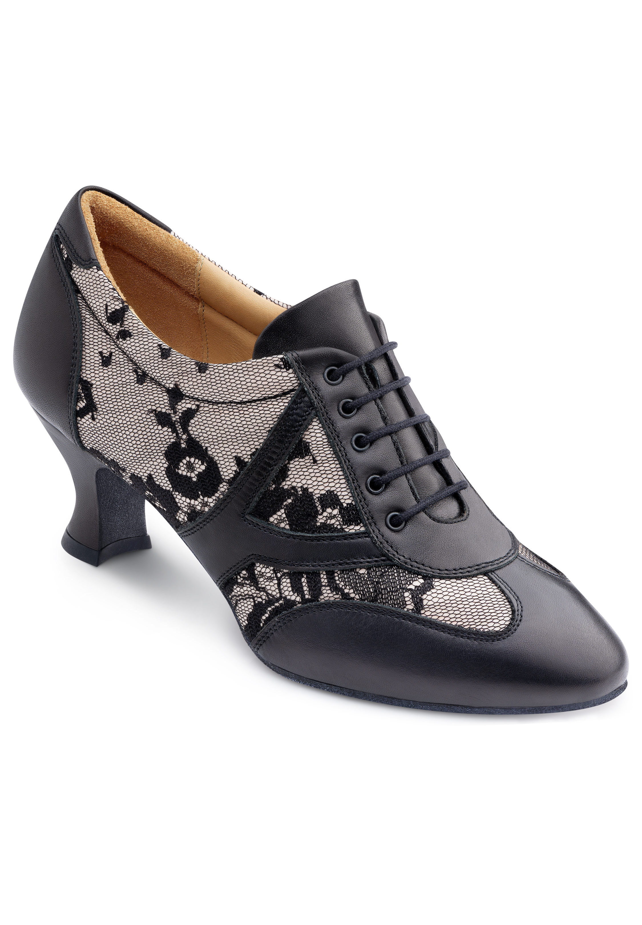 2HB Women Practice Dance Shoes Aurelia-Black Calf / Beige Satin / Black Lace