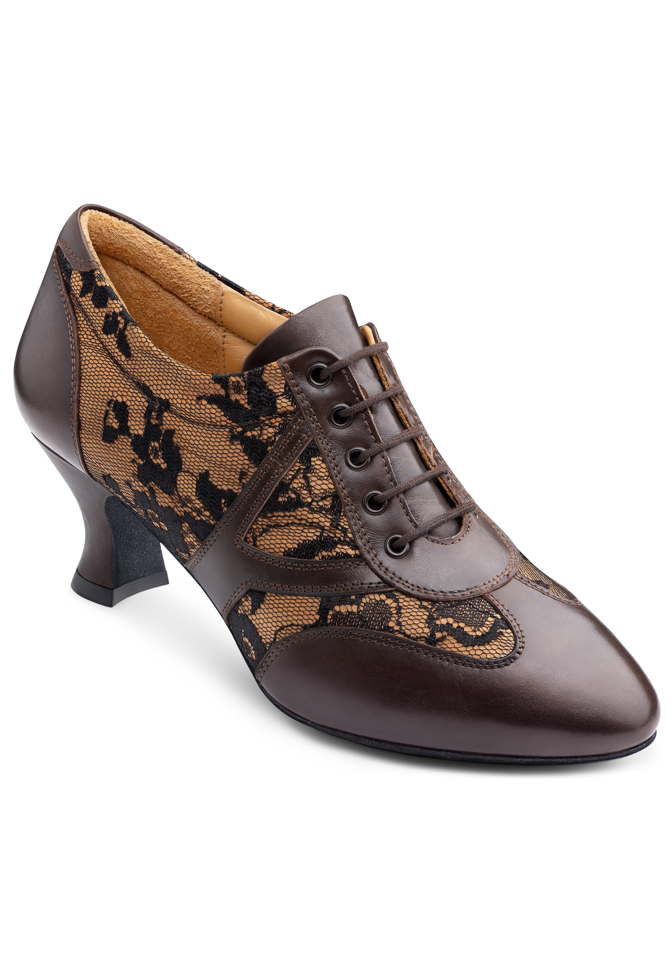 2HB Women Practice Dance Shoes Aurelia-Marrone Calf / Tan Satin / Black Lace