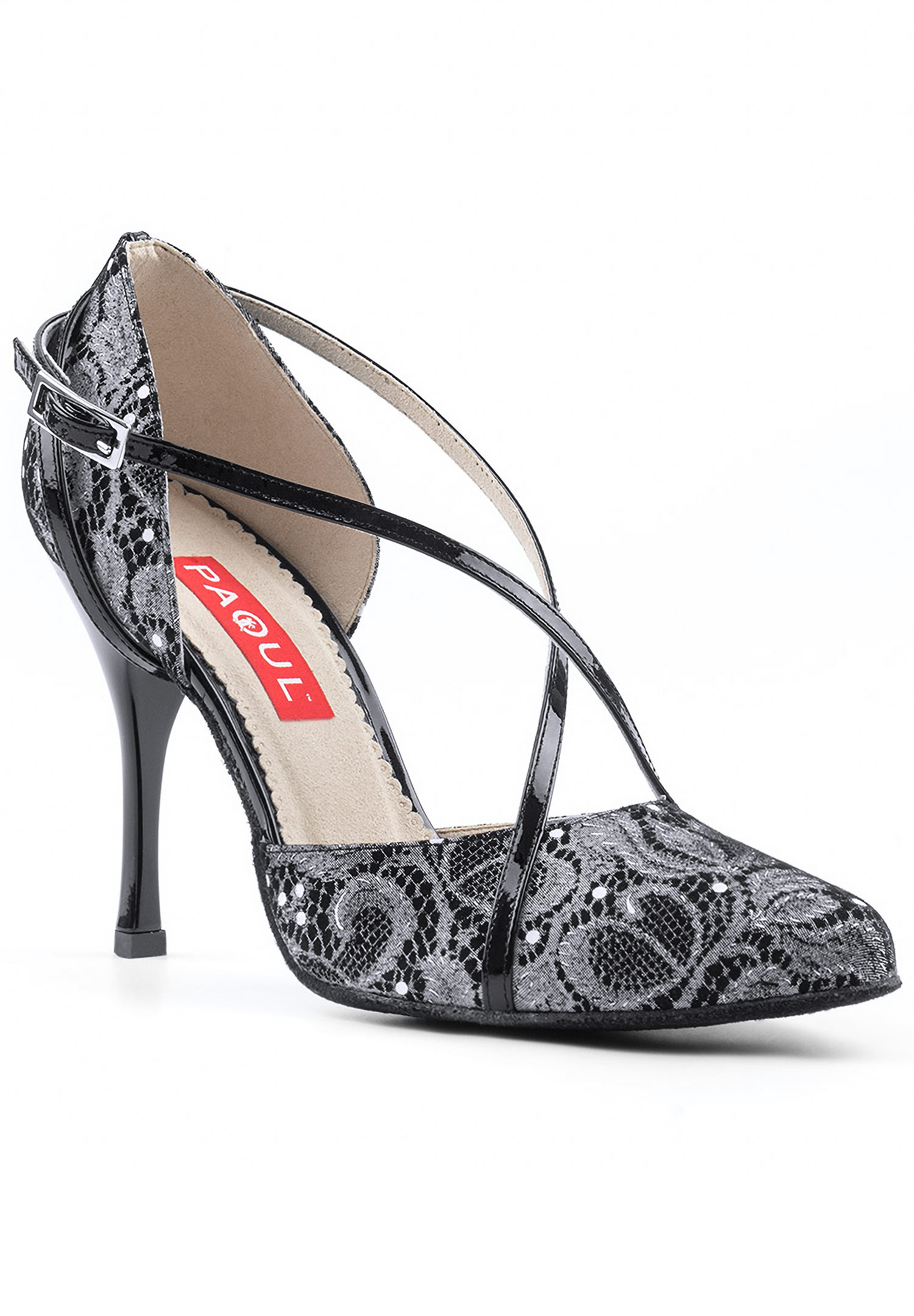 Paoul 690 Dotted Lace Social Dance Shoes-Black Lace Suede/Black Patent