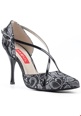 Paoul 690 Dotted Lace Social Dance Shoes-Black Lace Suede/Black Patent