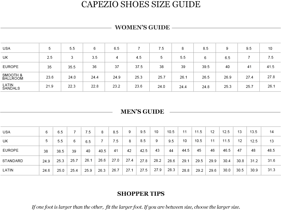 Capezio Shoes Size Chart